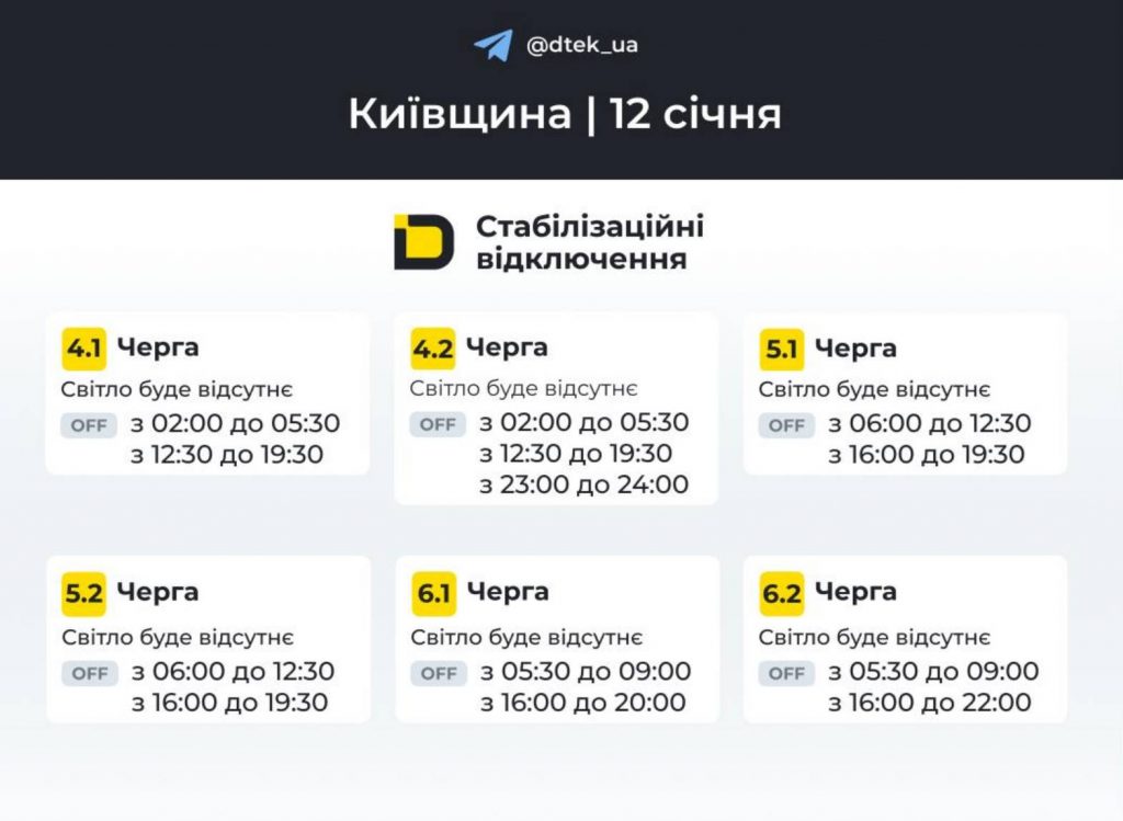 Планові відключення світла в Києві та області 12 січня 2026: оновлені графіки