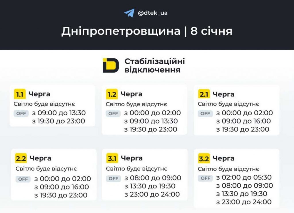 Графік планових відключень електроенергії в Дніпрі та області на 8 січня 2026