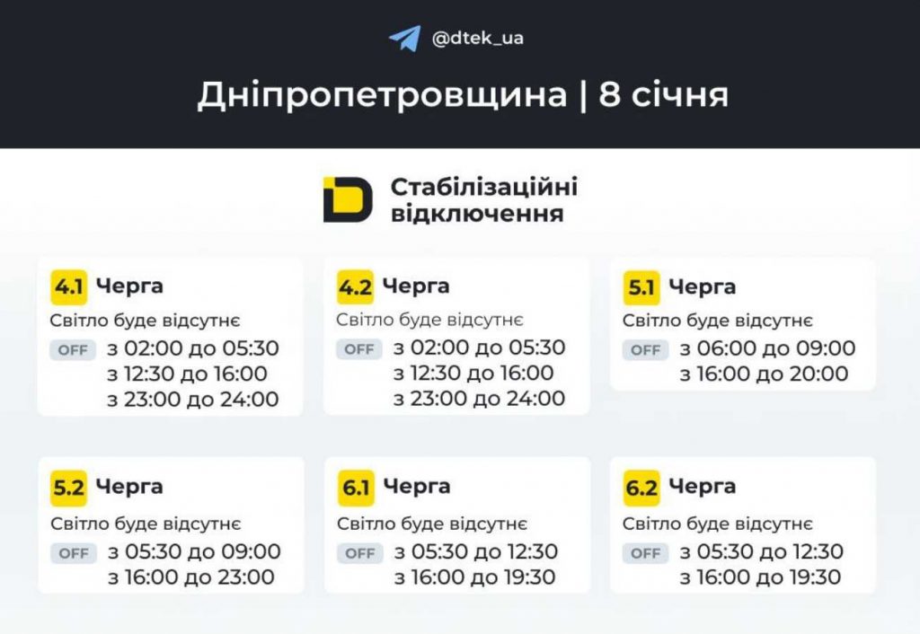 Графік планових відключень електроенергії в Дніпрі та області на 8 січня 2026