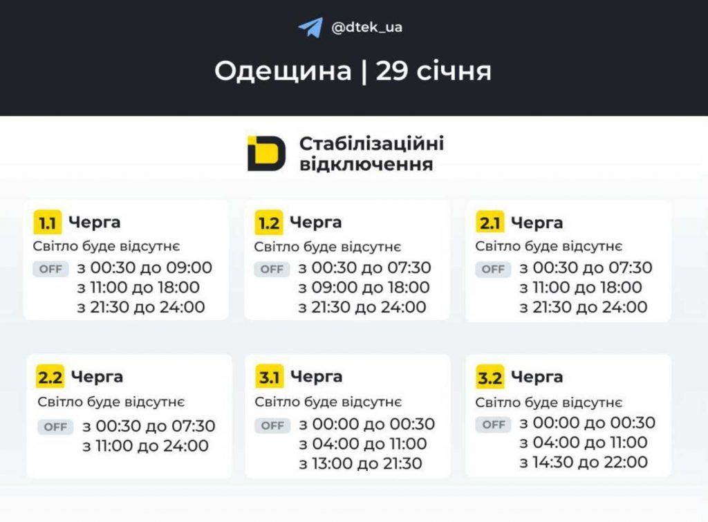 Коли не буде світла в Одесі та області 29 січня 2026: оприлюднено розклад