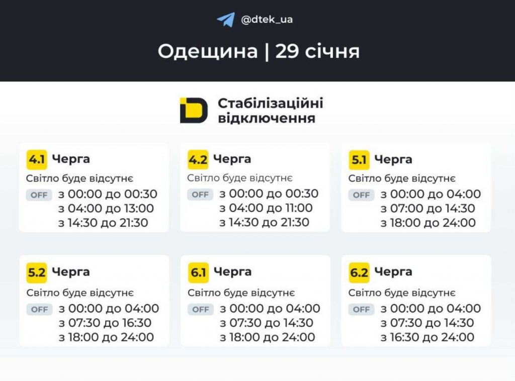 Коли не буде світла в Одесі та області 29 січня 2026: оприлюднено розклад