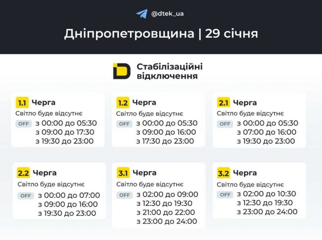 Графік відключень електрики в Дніпрі та області на 29 січня 2026