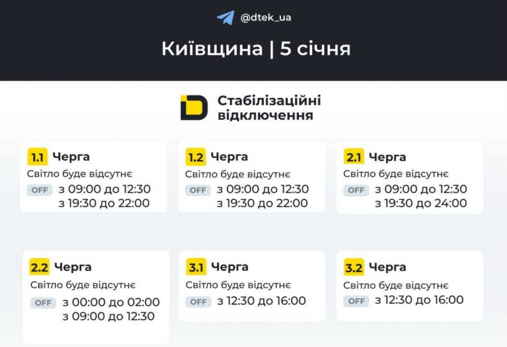 Планові відключення електрики у Києві та області 5 січня 2026: графік ДТЕК