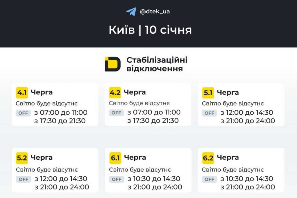 Графік відключень світла в Києві та області на 10 січня 2026 року: оновлені дані