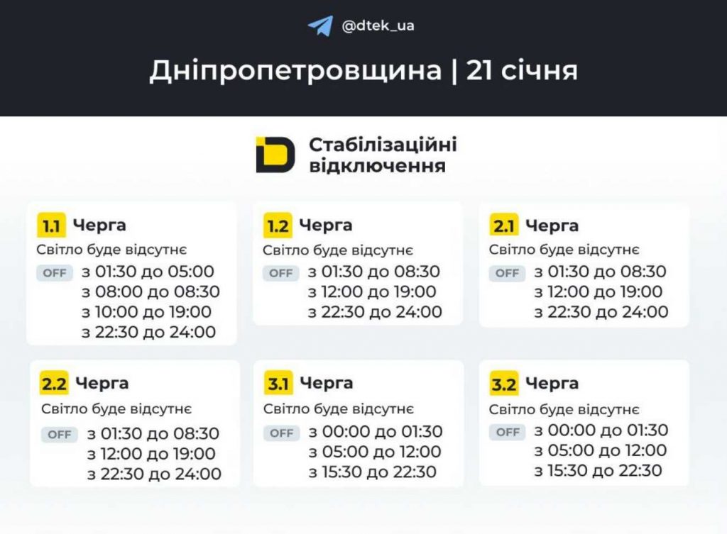 Оновлені графіки відключень світла у Дніпрі та області на 21 січня 2026 року