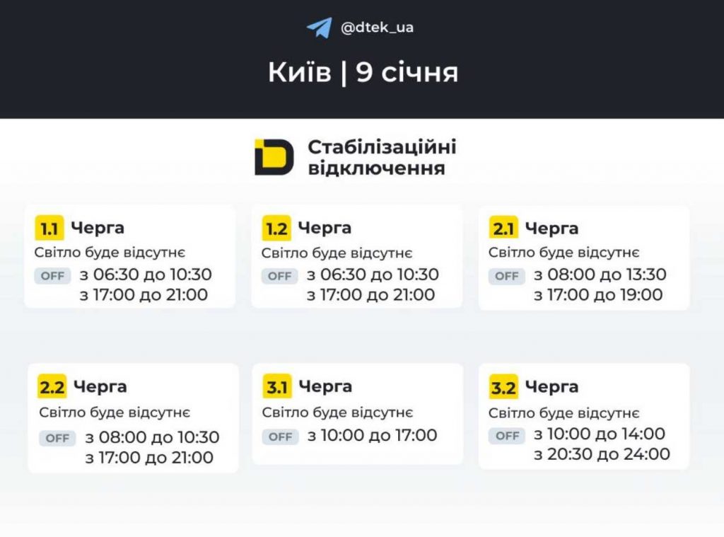 Графіки відключення електроенергії в Києві й області на 9 січня 2026 року: оновлені дані