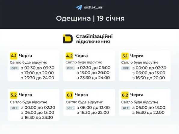 Оновлений графік відключень світла в Одесі на 19 січня 2026