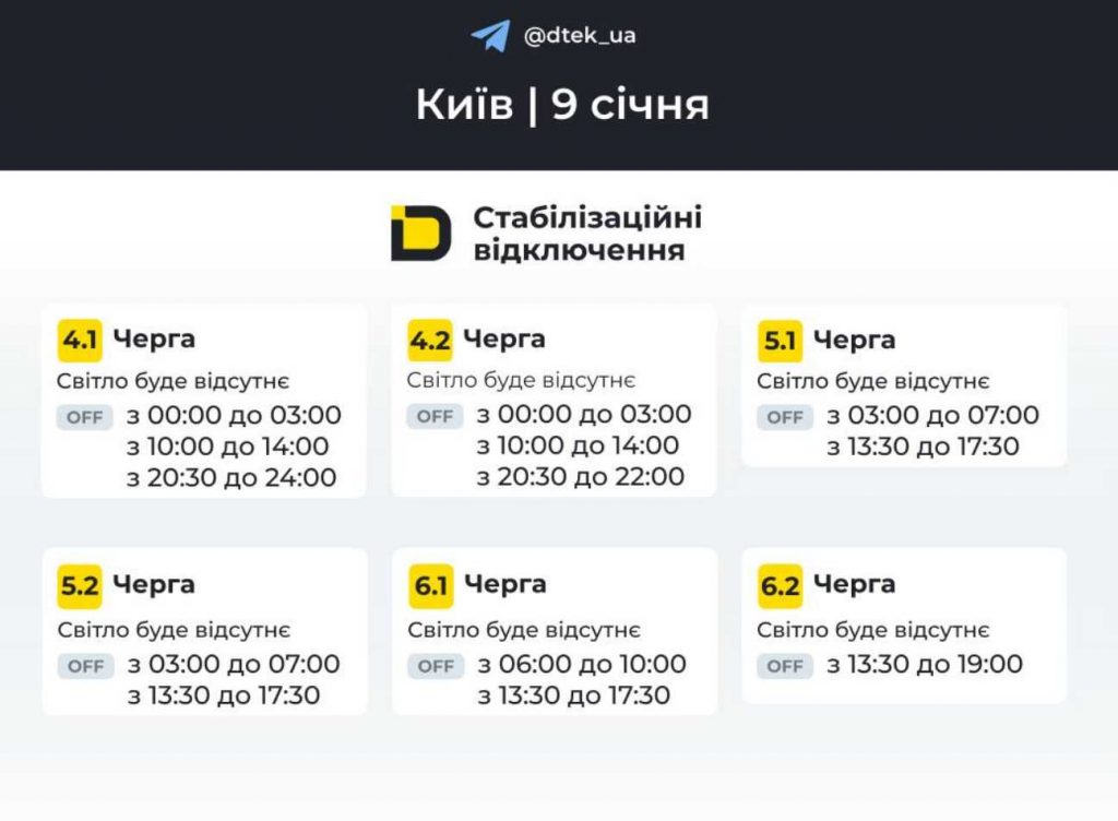 Графіки відключення електроенергії в Києві й області на 9 січня 2026 року: оновлені дані