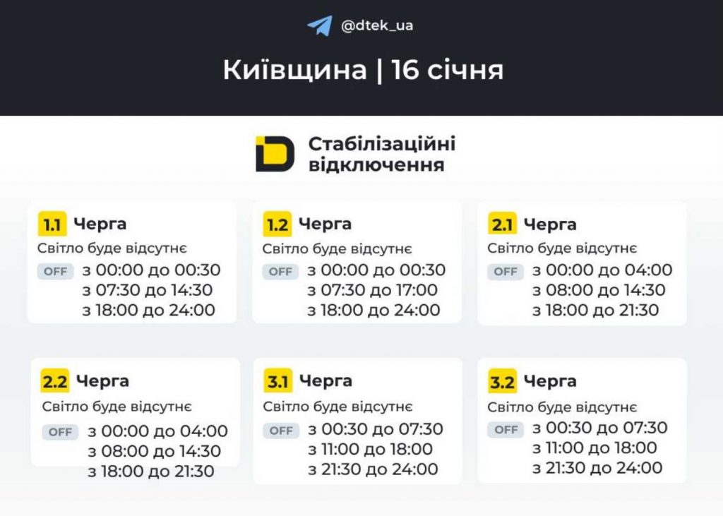 Відключення електрики в Києві та області 16 січня 2026: актуальні графіки