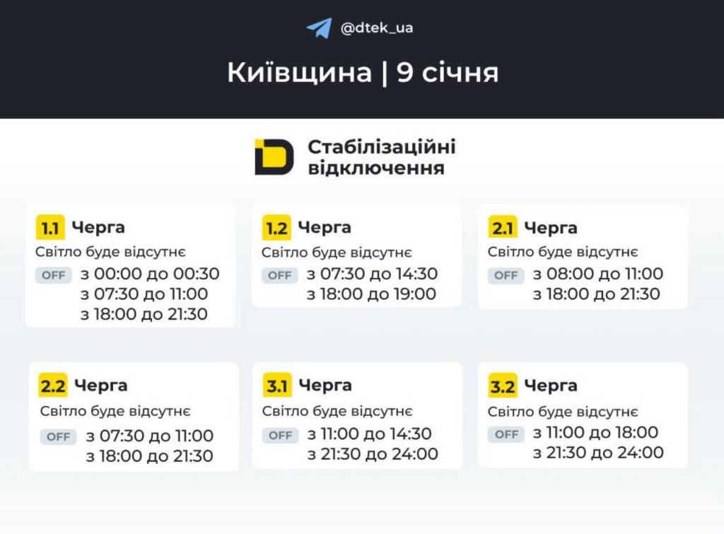 Графіки відключення електроенергії в Києві й області на 9 січня 2026 року: оновлені дані