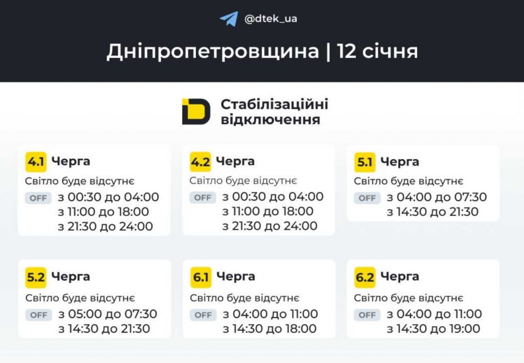 Відключення електроенергії у Дніпрі та області 12 січня 2026: час та черги