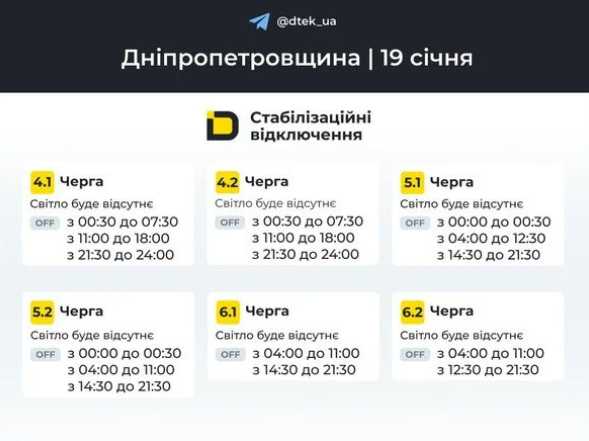 Відключення світла в Дніпрі та області 19 січня 2026: оприлюднено оновлений графік