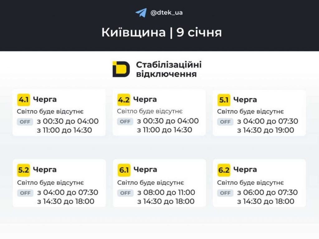 Графіки відключення електроенергії в Києві й області на 9 січня 2026 року: оновлені дані