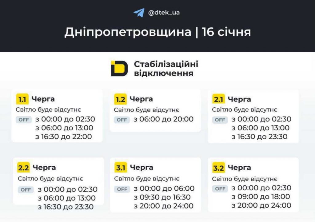 Дніпро та область: графік відключень електроенергії на 16 січня 2026