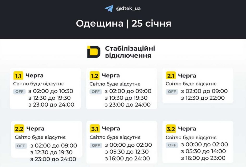 Планові відключення електроенергії в Одесі та області: оновлений графік на 25 січня 2026