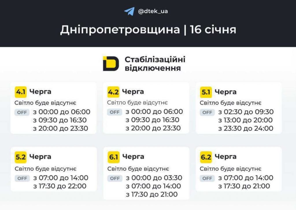 Дніпро та область: графік відключень електроенергії на 16 січня 2026