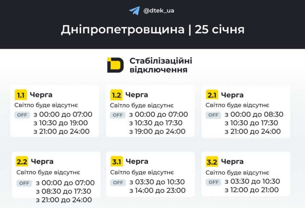 Як вимикатимуть світло 25 січня 2026 в Дніпрі та області: оновлені графіки