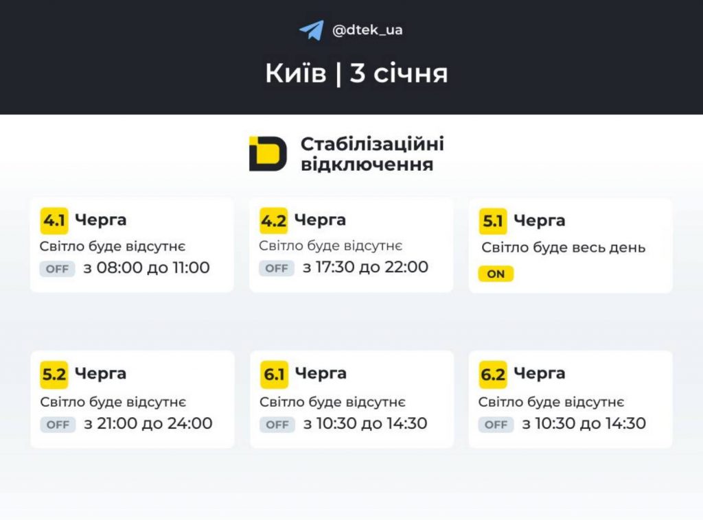 Графік відключень електроенергії в Києві й області на 3 січня 2026: інформація ДТЕК