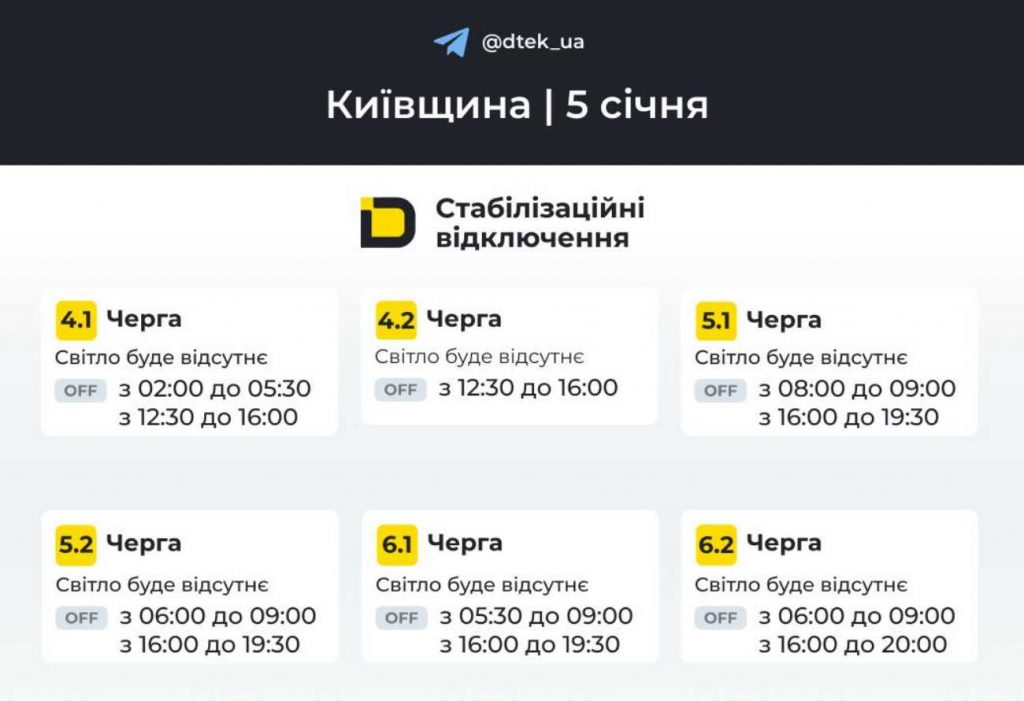 Планові відключення електрики у Києві та області 5 січня 2026: графік ДТЕК