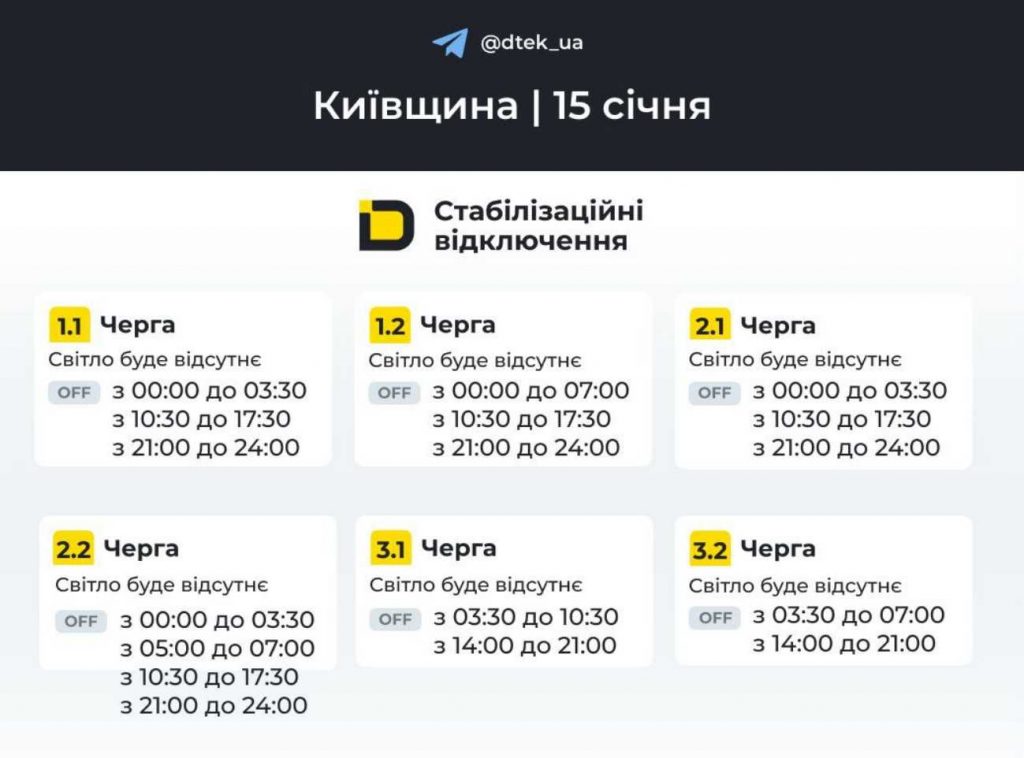 Як відключатимуть у Києві та області на 15 січня 2026: оновлені дані