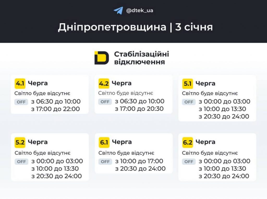 Де і коли не буде світла в Дніпрі 3 січня 2026: оновлений графік