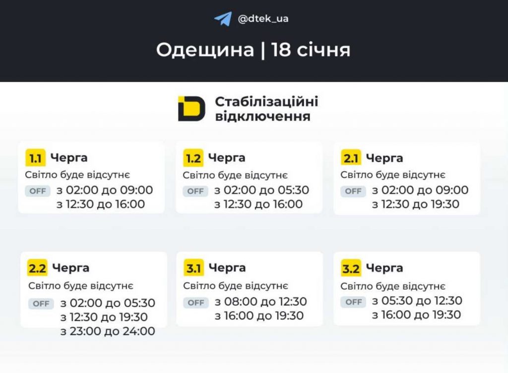 Оновлений графік вимкнень світла в Одесі та Одеській області на 18 січня 2026