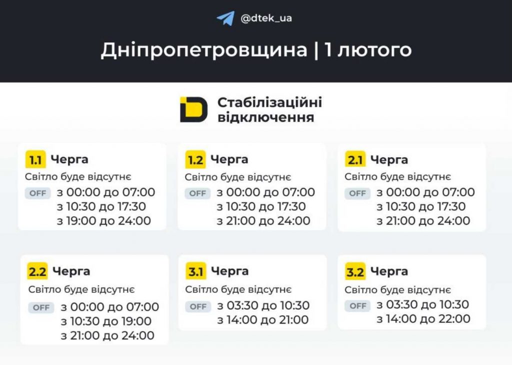 Відключення світла в Дніпрі та області 1 лютого 2026: оновлений погодинний графік