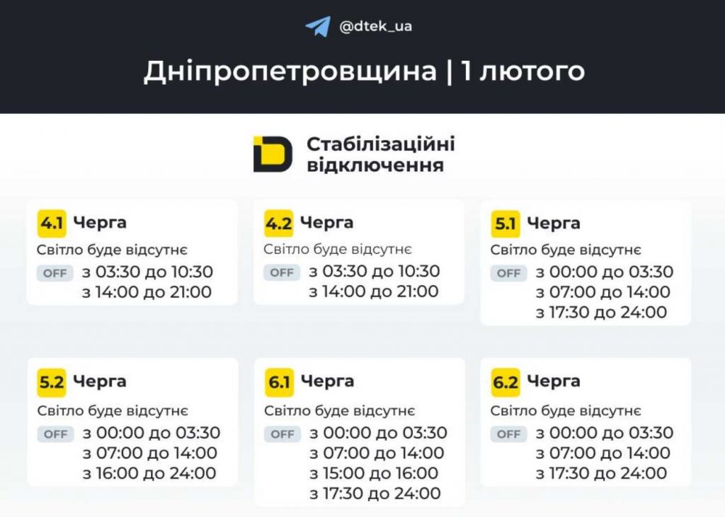 Відключення світла в Дніпрі та області 1 лютого 2026: оновлений погодинний графік
