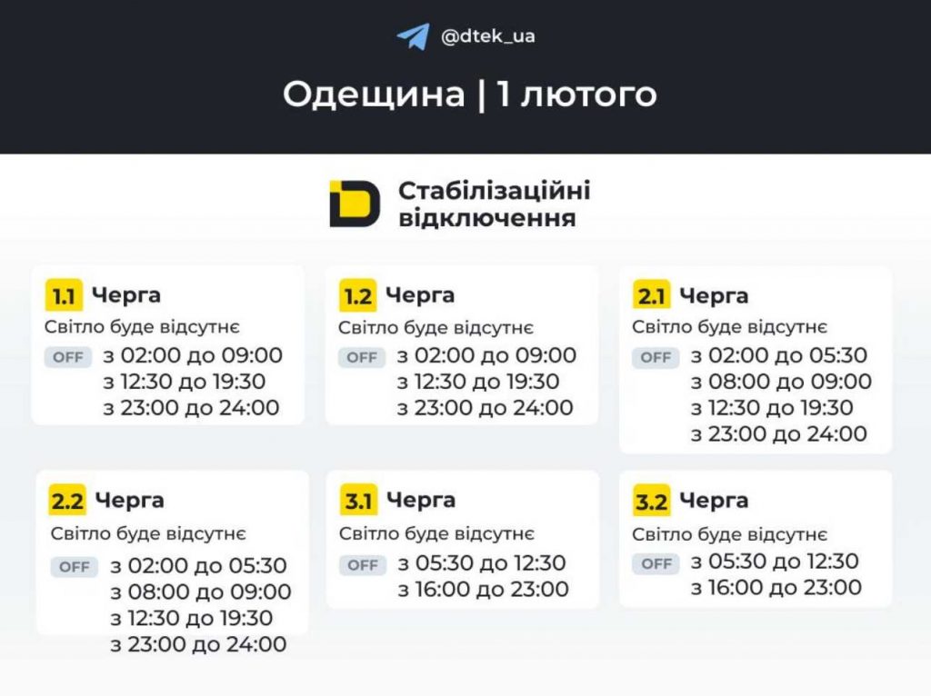 Погодинні відключення електрики в Одесі та області 1 лютого 2026: оновлений графік та черги