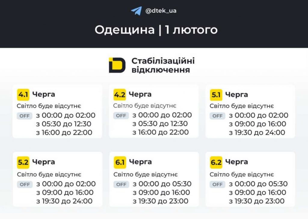 Погодинні відключення електрики в Одесі та області 1 лютого 2026: оновлений графік та черги