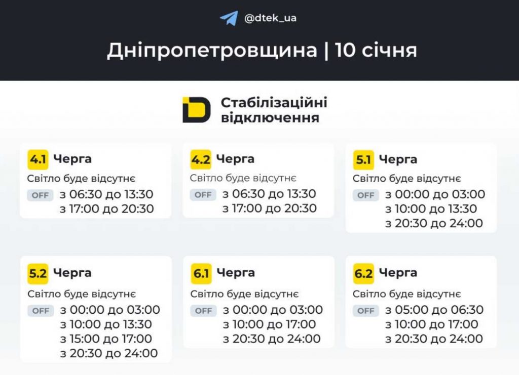 Відключення електроенергії у Дніпрі 10 січня 2026: перелік районів