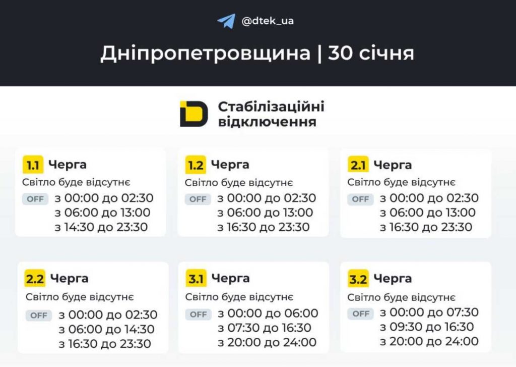 Дніпро та область: новий графік відключень світла 30 січня 2026