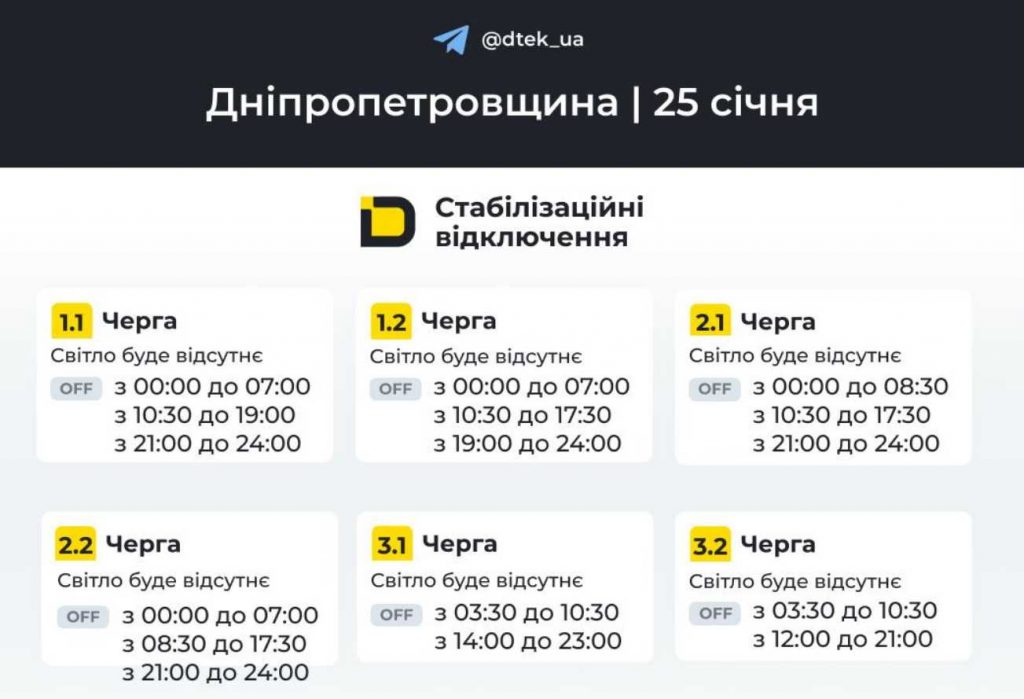 Відключення світла 26 січня 2026: оновлені графіки для Дніпра та області