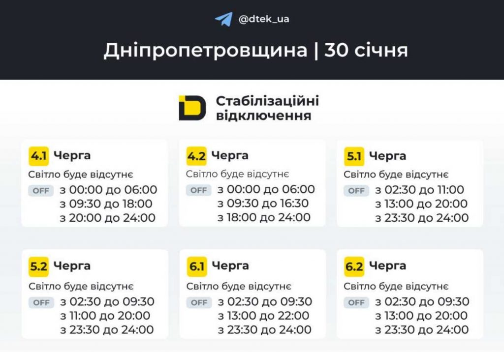 Дніпро та область: новий графік відключень світла 30 січня 2026