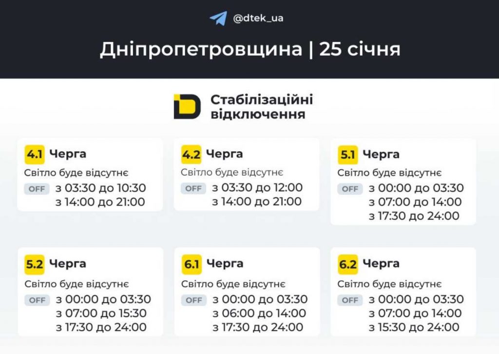 Відключення світла 26 січня 2026: оновлені графіки для Дніпра та області