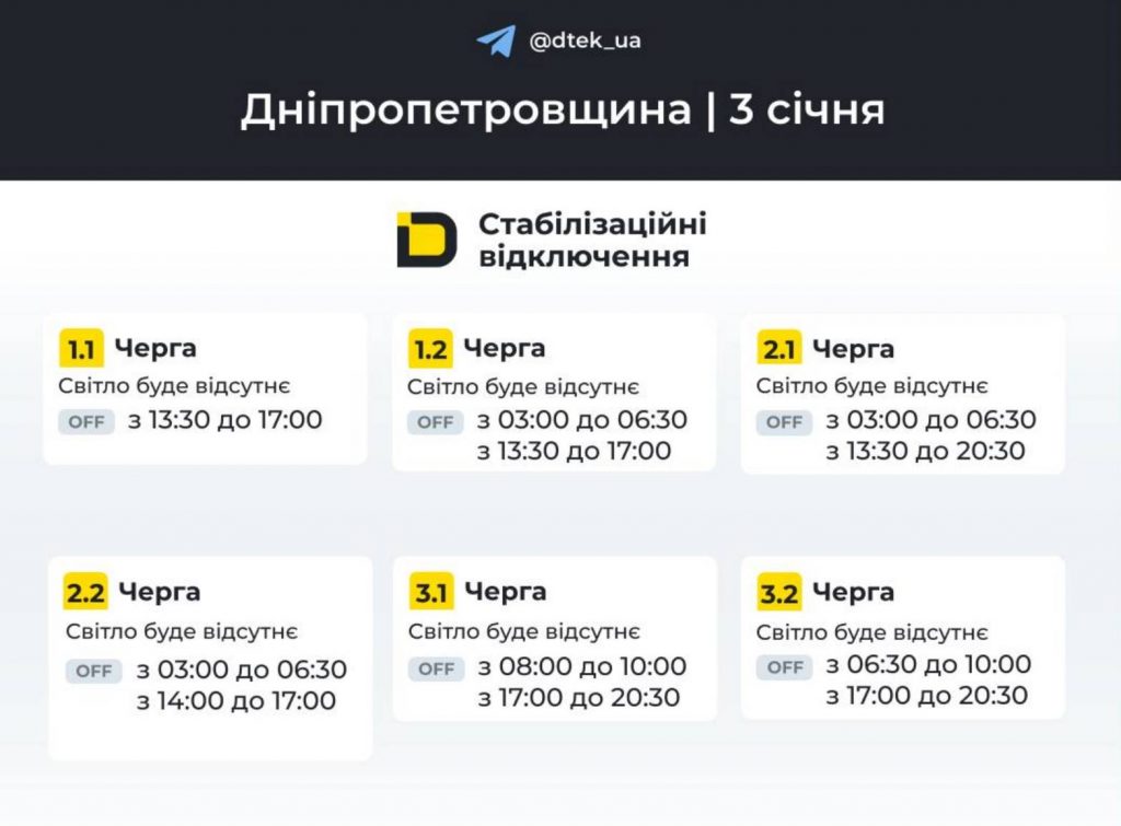 Де і коли не буде світла в Дніпрі 3 січня 2026: оновлений графік