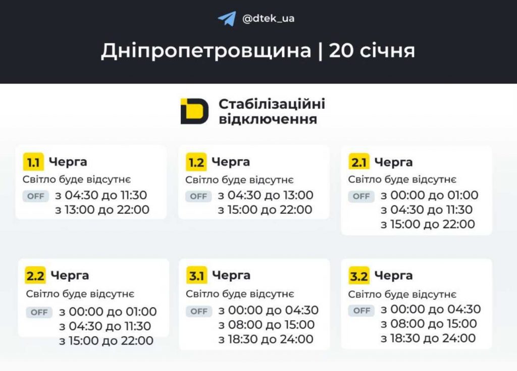 Графік вимкнень електроенергії 20 січня 2026 у Дніпрі та області