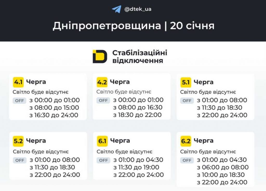 Графік вимкнень електроенергії 20 січня 2026 у Дніпрі та області