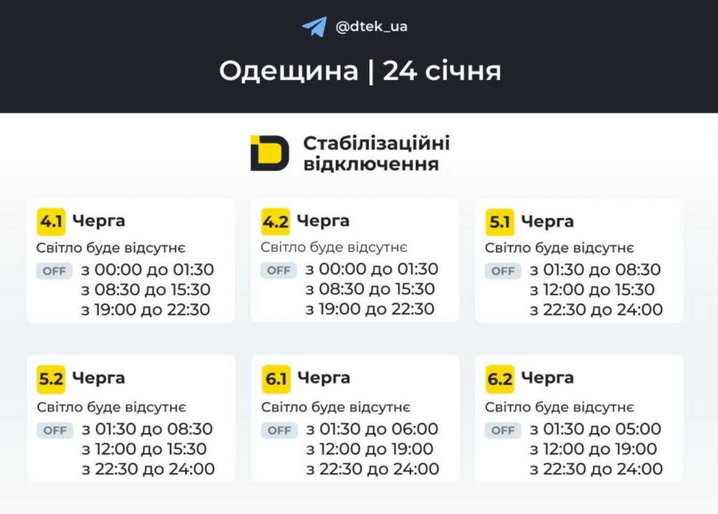Відключення електрики в Одесі та області: оприлюднено графік на 24 січня 2026
