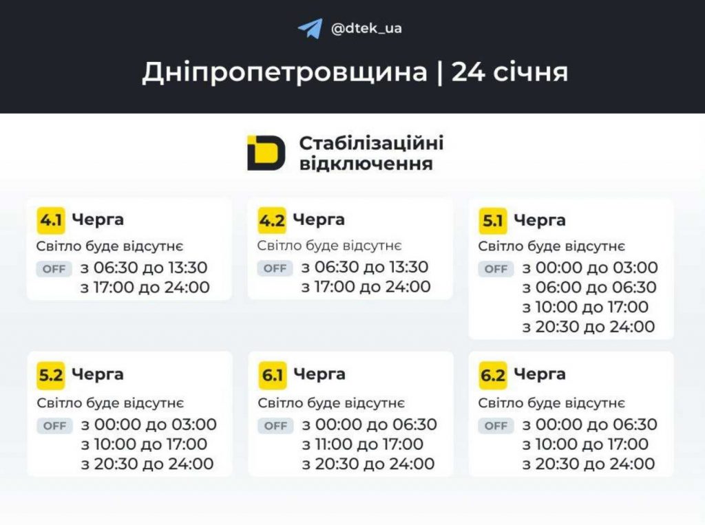 Графік відключень електроенергії в Дніпрі та області на 24 січня 2026 року