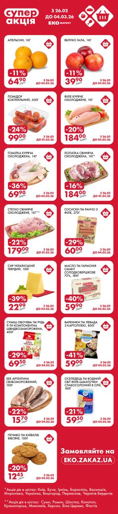 "Супер акція" в EKO Маркет з 26.02 до 03.03.2026: які продукти можна придбати зі знижками до 41%
