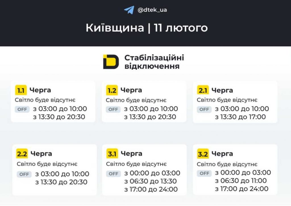 Планові відключення світла у Києві та області: графік на 11 лютого 2026