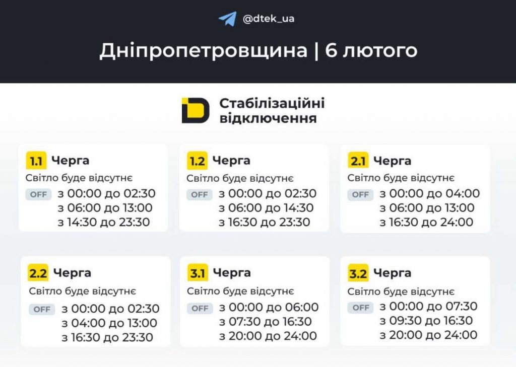 Планові відключення світла у Дніпрі 6 лютого 2026: оновлені графіки
