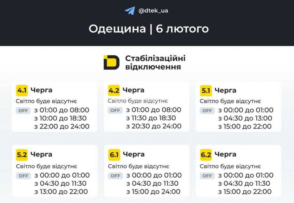 Оновлені графіки відключень електроенергії в Одесі 6 лютого 2026