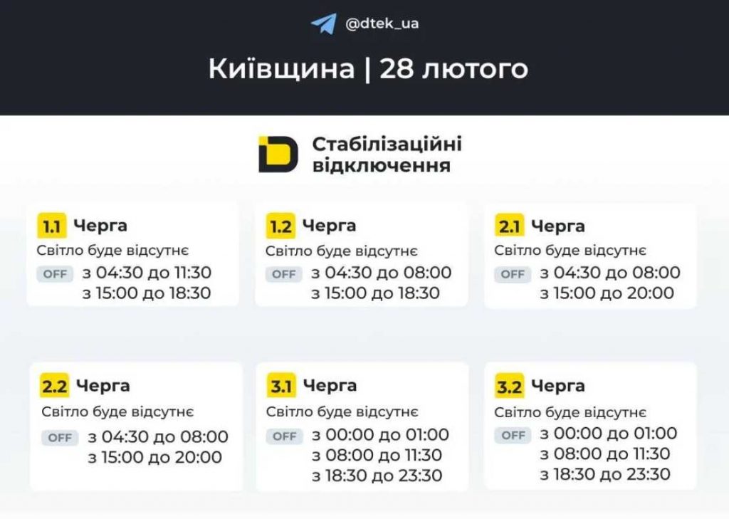 Де і коли не буде світла у Києві та області 28 лютого 2026: оновлений графік