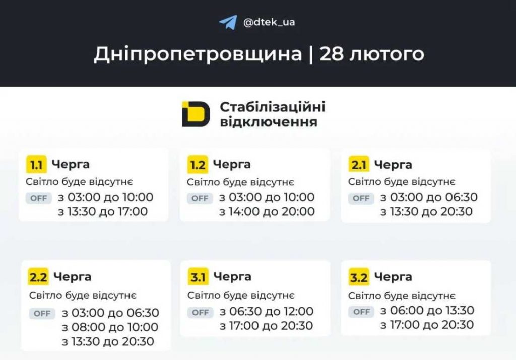 Відключення електроенергії у Дніпрі та області: графік на 28 лютого 2026