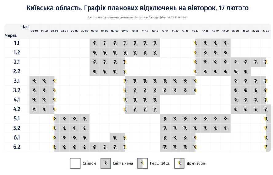 Де і коли не буде світла у Києві та області 17 лютого: оновлений розклад