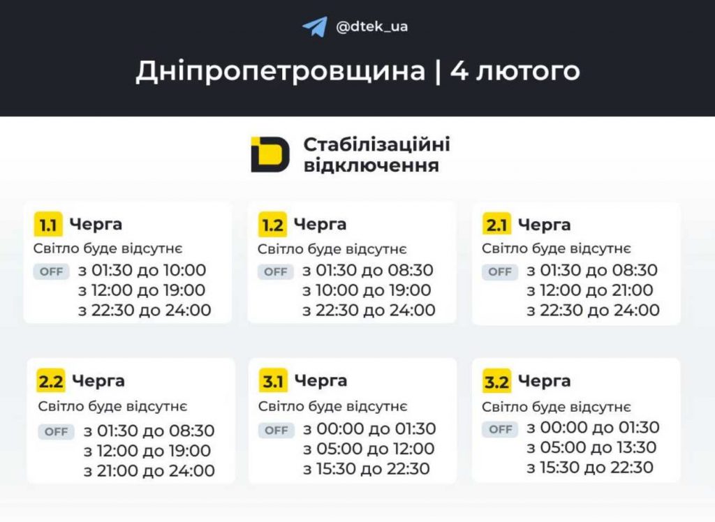 Графіки планових відключень світла у Дніпрі та області на 4 лютого 2026