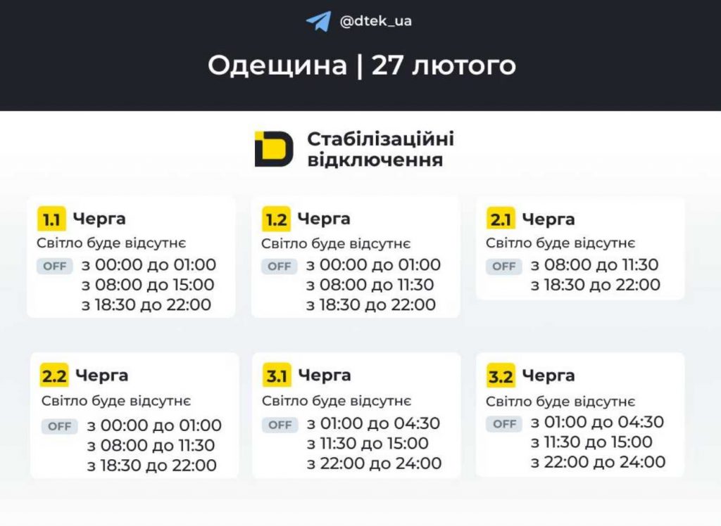 Графік відключень електроенергії у Одесі та області 27 лютого 2026 року