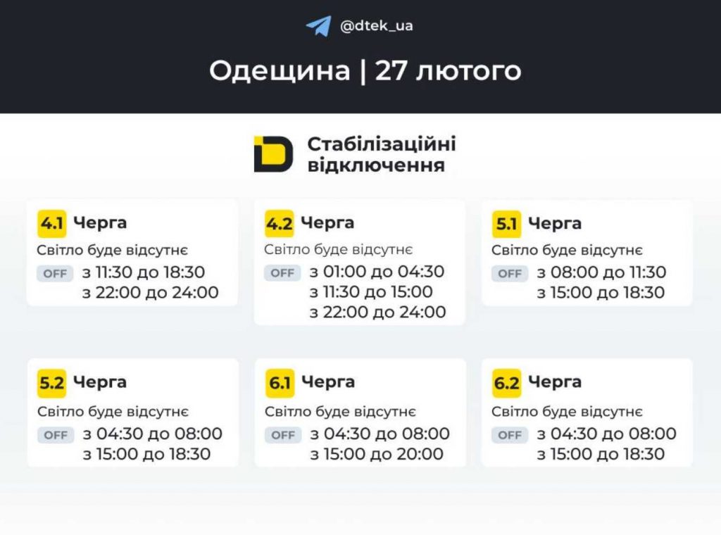 Графік відключень електроенергії у Одесі та області 27 лютого 2026 року